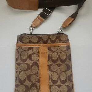 Coach Brown and Tan Messenger Bag with Signature Monogram